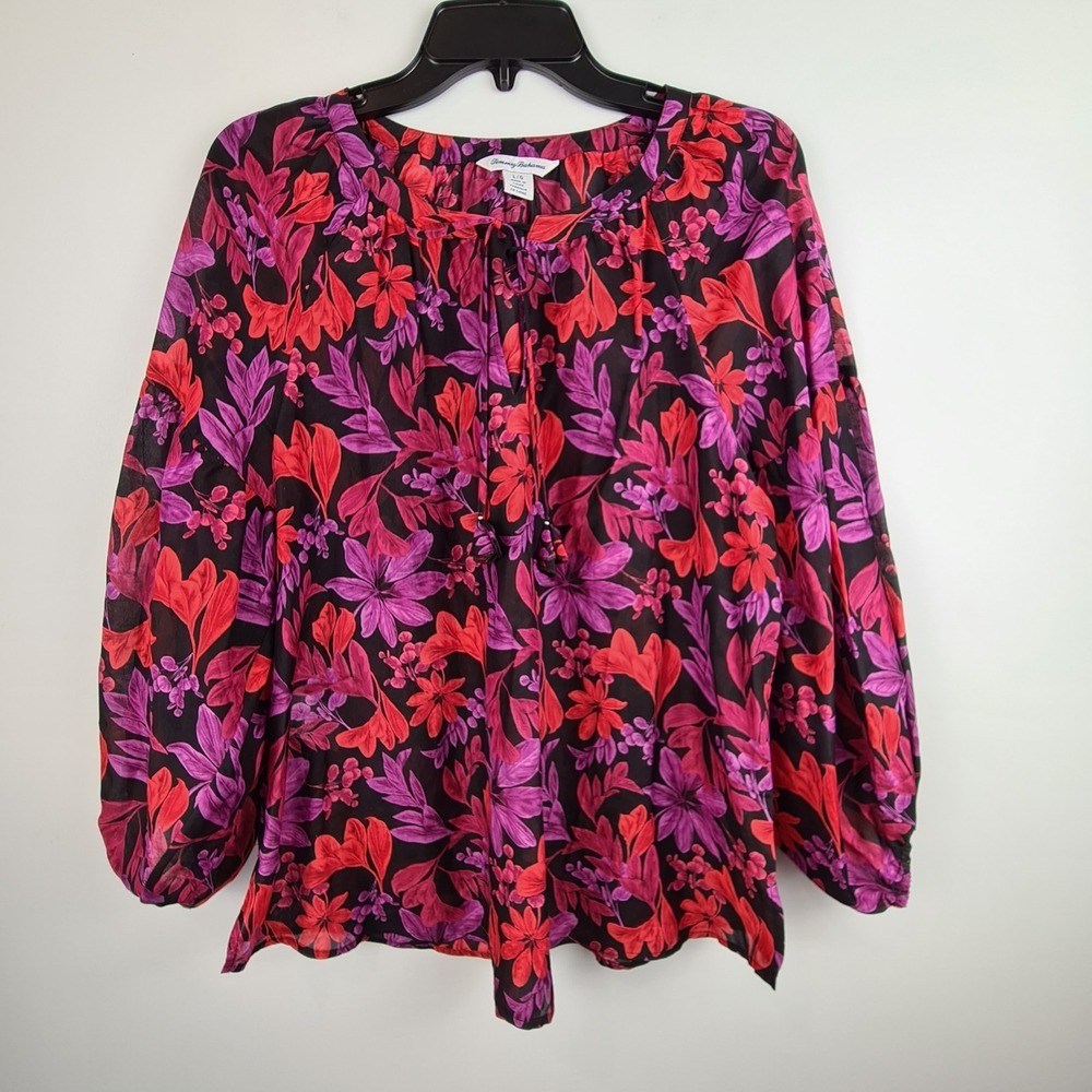 Tommy Bahama Womens Silk Cotton Blend Floral Peasant Top Large Balloon Sleeve